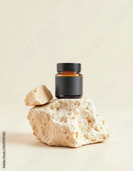 Obraz Minimalist Amber Dropper Bottle on Textured Rocks with Neutral Background