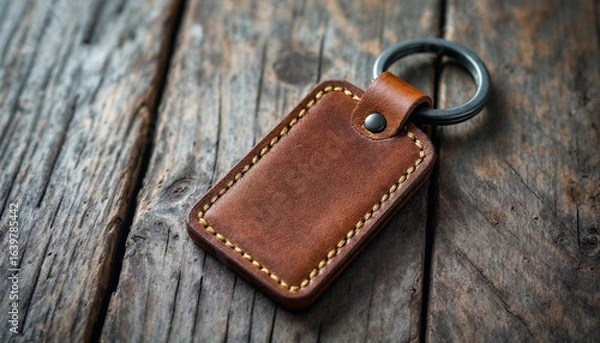 Obraz Rustic Brown Leather Keychain Holder on Weathered Wood
