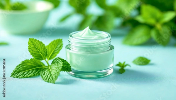 Obraz Refreshing Mint-Infused Green Cream Jar with Fresh Leaves