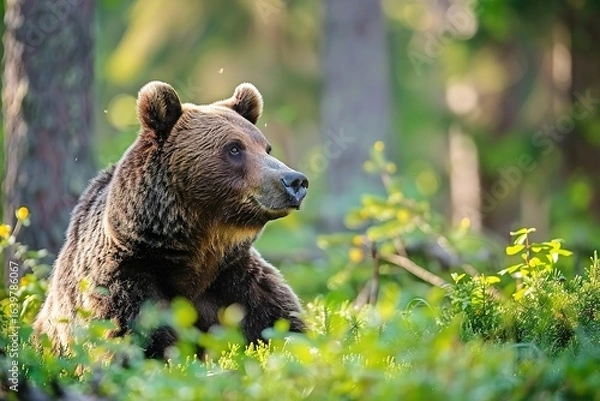 Fototapeta Wild Brown Bear in the summer forest. Animal in natural habitat. Wildlife scene.