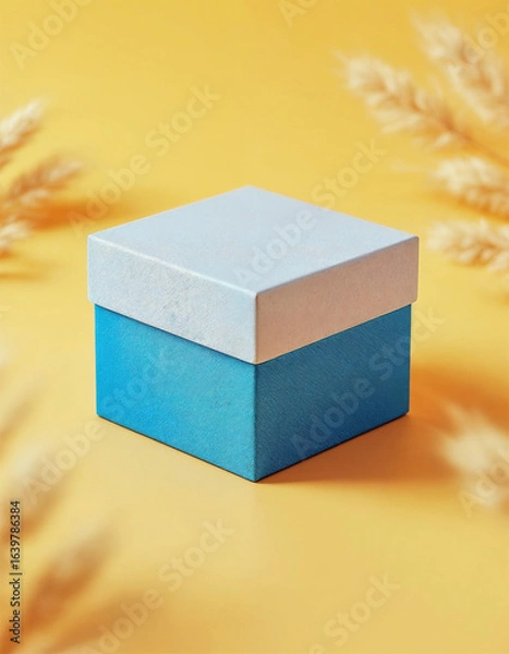 Obraz Blue and White Gift Box on a Yellow Background