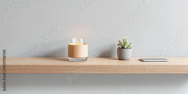 Obraz Minimalist Shelf Decor with Candle and Small Green Plant