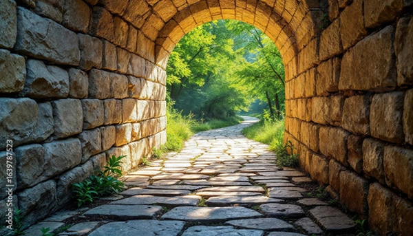 Obraz Stone Archway Leading to Lush Green Forest Path