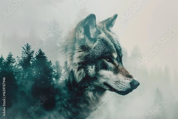 Fototapeta Wolf in a foggy forest, double exposure