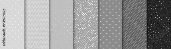 Fototapeta Collection of minimalistic seamless geometric patterns with shapes and symbols. Gradation gray simple cute delicate backgrounds. Unusual fabric prints