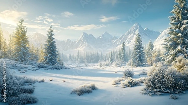 Fototapeta Winter Landscape with Snow Covered Trees and Distant Mountains