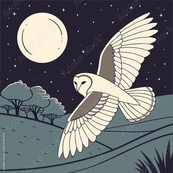 Obraz Graceful barn owl gliding silently under the moonlight with wings outstretched, capturing the mystery and beauty of nocturnal wildlife.