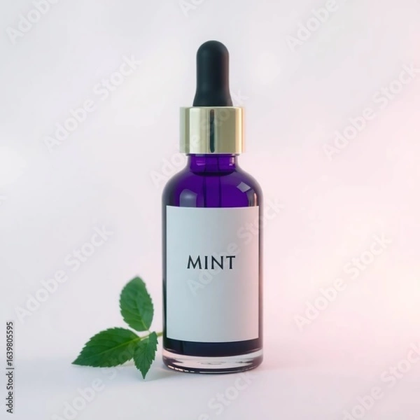 Fototapeta Aromatic Mint Essential Oil in a Purple Bottle with Dropper and Fresh Leaf
