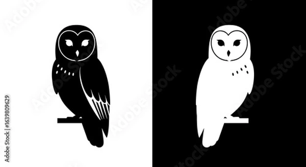 Obraz Barn owl silhouette, perched, black and white, graphic design, dual color scheme.