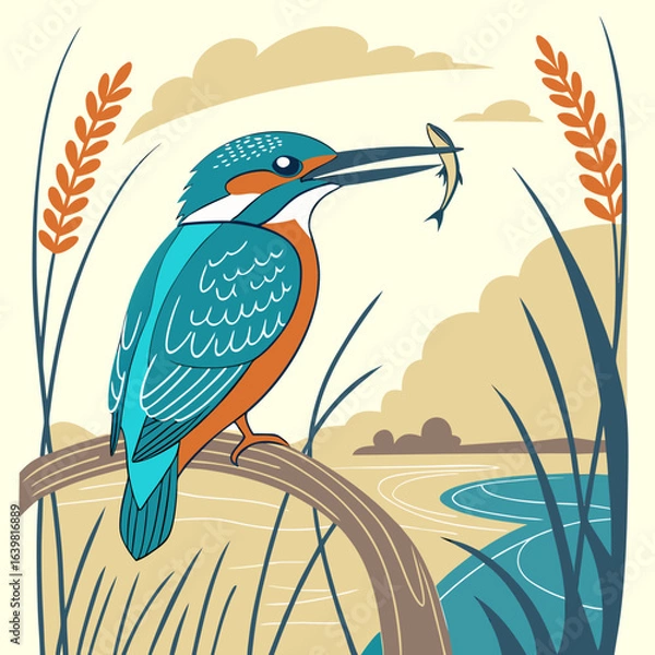 Obraz Vibrant kingfisher holding a small fish in its beak, showcasing striking colors and wildlife beauty.