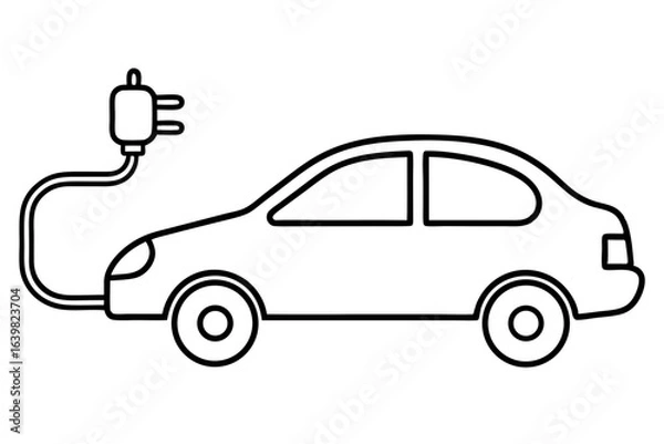 Obraz Electric Car with Charging Cable - Outline Vector Icon

