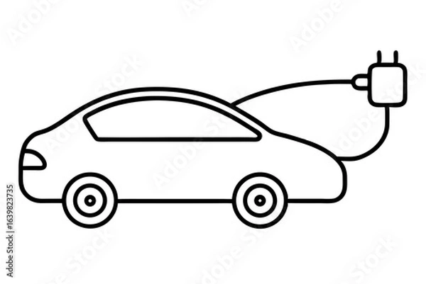 Obraz Electric Car with Charging Cable - Outline Vector Icon

