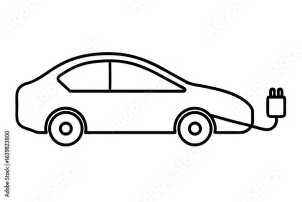 Obraz Electric Car with Charging Cable - Outline Vector Icon

