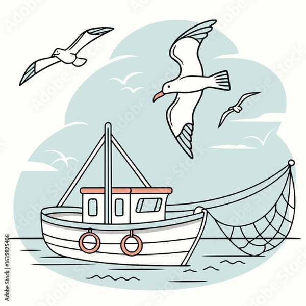 Obraz Seagulls gracefully hovering above a fishing boat at sea, capturing a serene maritime moment.