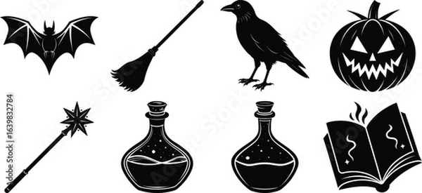 Obraz Vector art of halloween icons and symbols including a bat, broom, crow, pumpkin, wand, potions, and book, isolated on transparent background