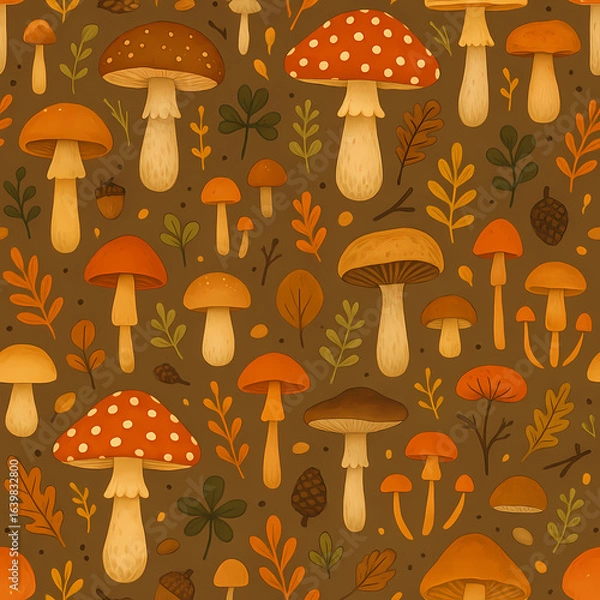 Fototapeta A seamless illustrated pattern of various autumn mushrooms, leaves, acorns, and pinecones.