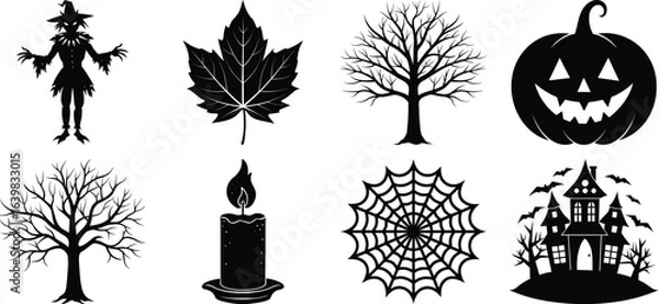 Obraz Vector art of halloween icons and symbols including a scarecrow, leaf, tree, pumpkin, candle, spiderweb, and haunted house, isolated on transparent background