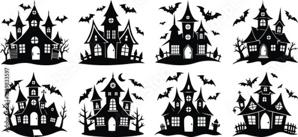 Obraz Vector art of collection of eight spooky haunted house silhouettes with bats, isolated on transparent background