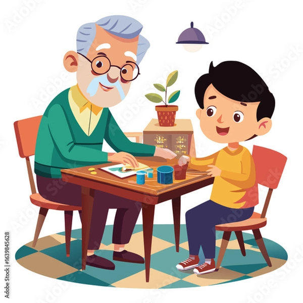 Fototapeta Cartoon vector illustration of a teacher in a classroom sitting at a table with students