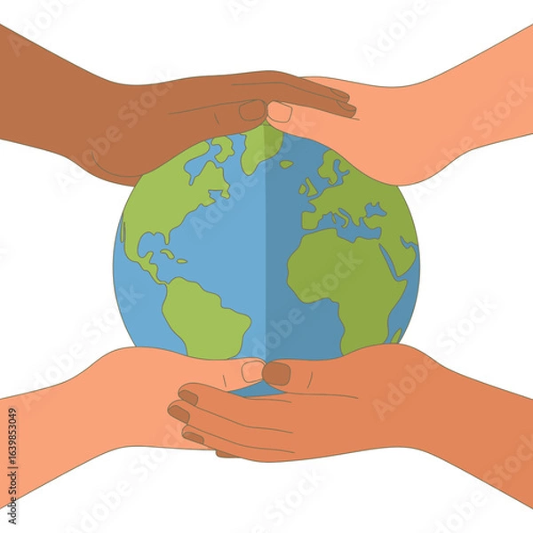 Fototapeta Diverse hands holding and protecting planet Earth, symbolizing global unity, environmental care, and international cooperation.