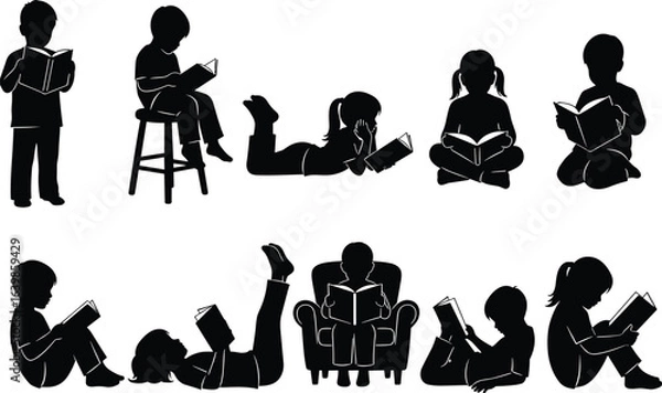 Fototapeta Children reading book silhouettes set, kids sitting, standing, lying down in various reading poses, black vector illustration, education, learning, and study concept