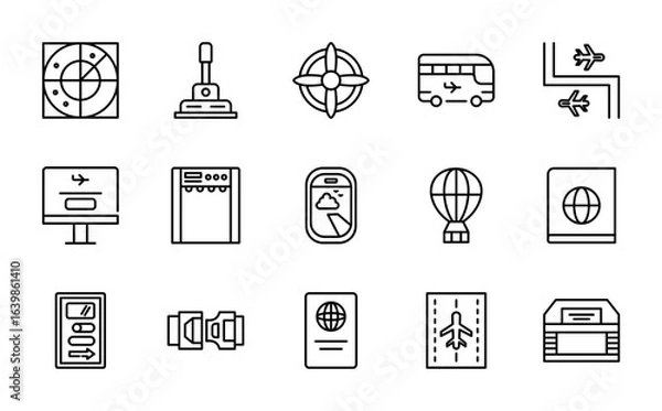 Fototapeta Aviation and airport linear icon set. Airplane, airline, pilot, control tower, travel, boarding pass, flight, luggage, jet, runway, navigation, air traffic vector icon set. UI thin line icon pack