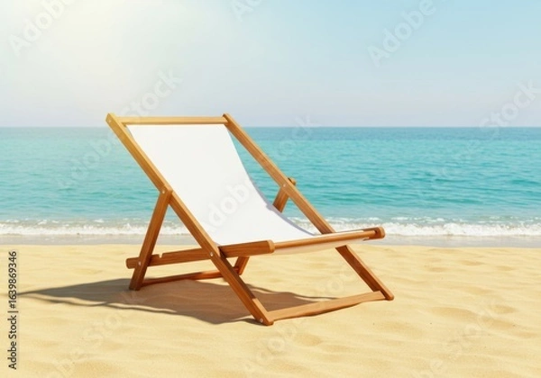 Fototapeta A simple wooden beach chair with a white fabric seat on a pristine sandy beach, with a turquoise ocean and clear sky in the background