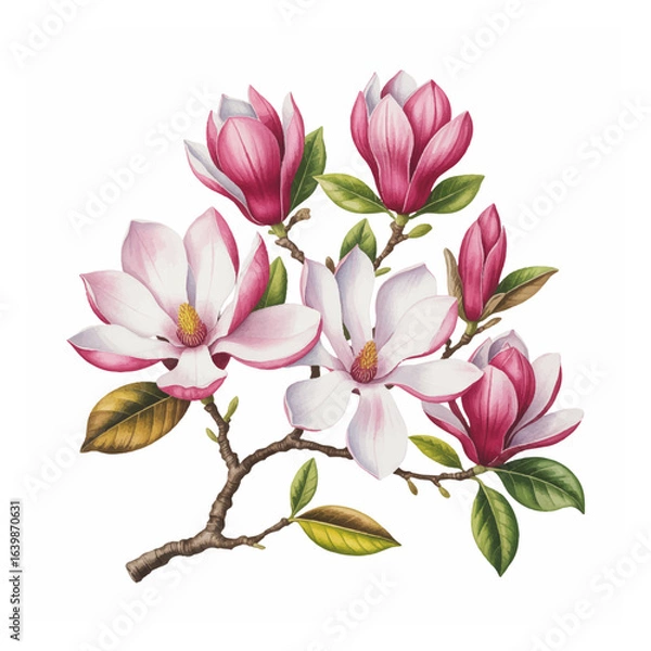 Fototapeta A beautiful watercolor illustration of a blooming pink magnolia branch isolated on white
