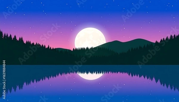 Fototapeta Peaceful lake scene under a full moon at night.