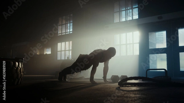 Fototapeta Determined athlete doing push-ups in dramatic gym setting