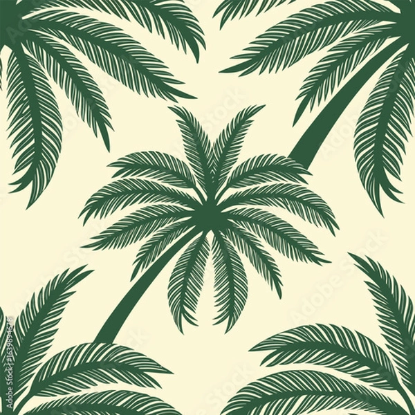 Fototapeta Dark green palm trees and fronds on a light yellow background repeating pattern tropical leaf