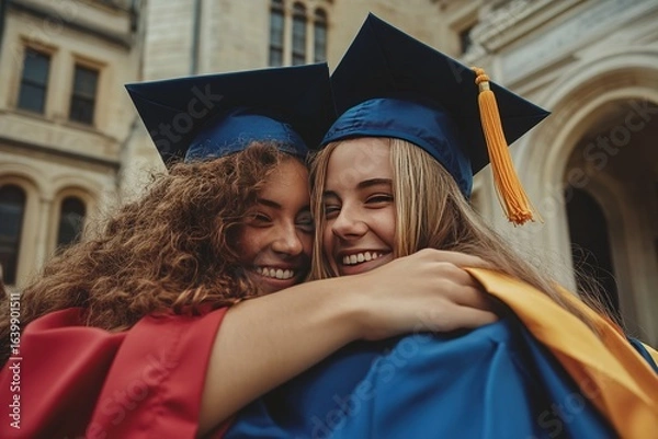Fototapeta graduate hugging friends with caps and gowns outside university building