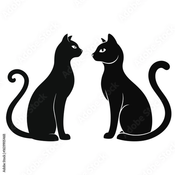 Fototapeta Two black cat silhouettes facing each other isolated on white background