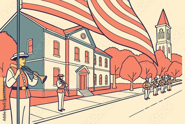 Fototapeta festive parade moving through the main street of morris illinois with flags, music, and community pride on display