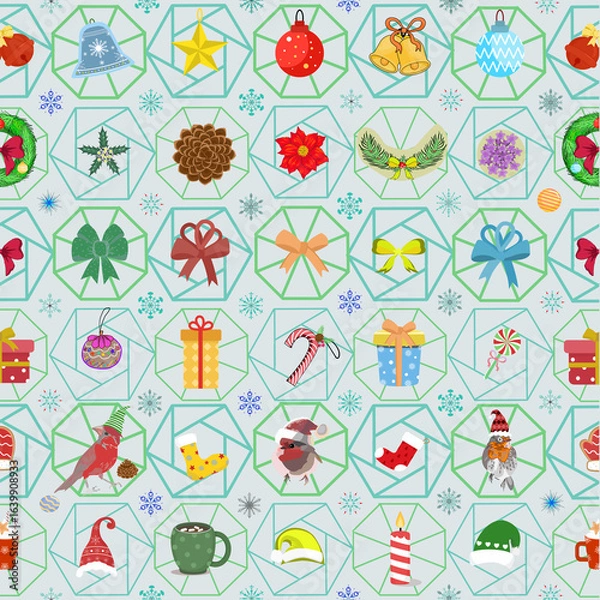 Obraz Charming Christmas Ornaments and Holiday Icons with Santa, Snowmen, Gifts, Candy, Gingerbread, and Winter Festive Pattern