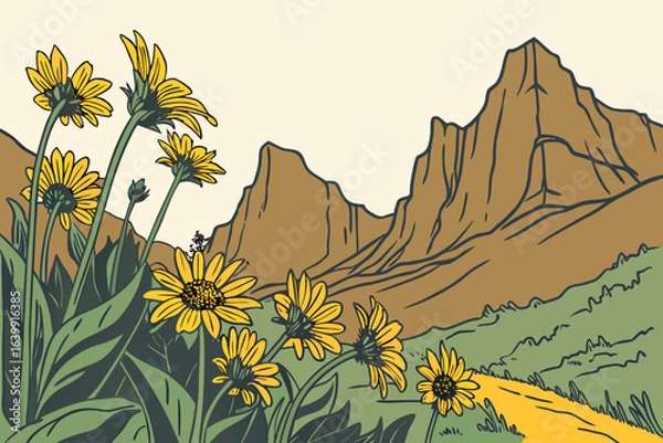 Fototapeta A cluster of sunflowers in full bloom facing the morning light with the Rocky Mountains towering in the background.