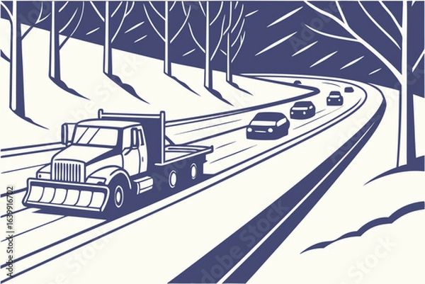 Fototapeta snow-covered highway with an alabama snow plow leading a convoy of vehicles during a winter storm