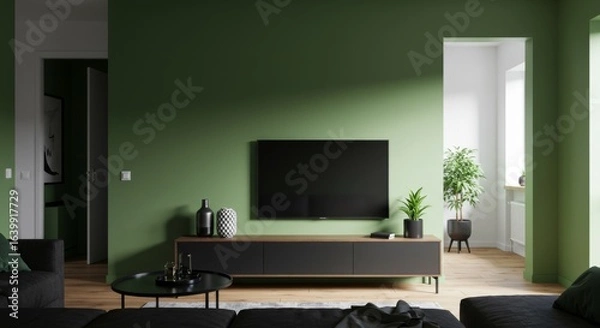Fototapeta Modern Minimalist Living Room With Green Accent Wall, Black TV, and Contemporary Furniture in Bright Daylight