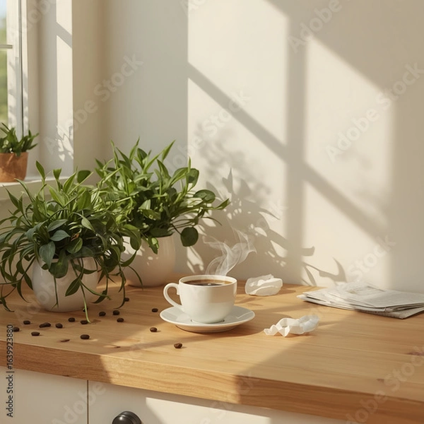 Fototapeta A hot smoky cup of coffee or tea on a wooden table near a window with soft morning light. Ai generated high resolution image with Minimalistic background Vibes.
