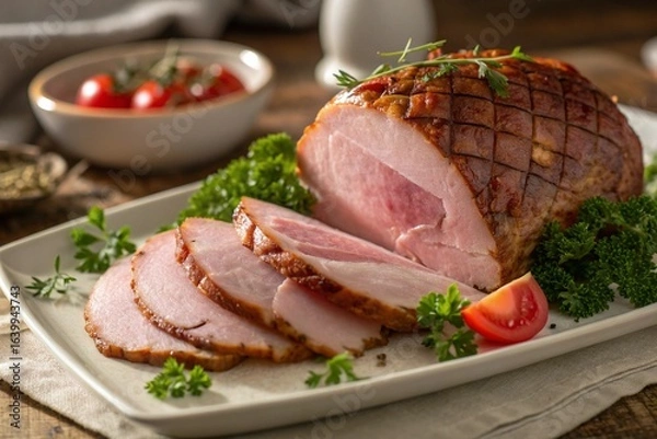 Obraz Deliciously sliced roasted ham with garnish on a platter