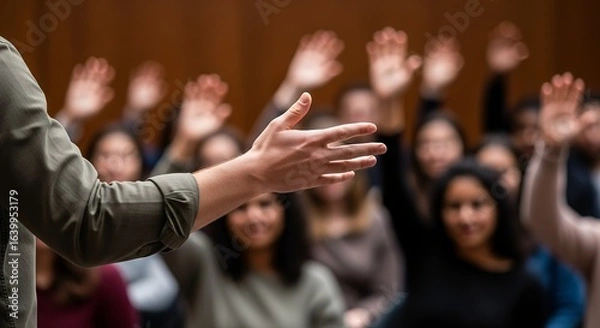 Fototapeta Audience Raising Hands During Presentation or Lecture in Conference Room with Diverse Group of People Attending Event