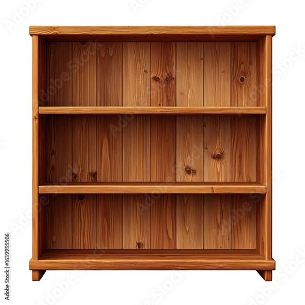 Fototapeta Empty wooden bookshelf with three shelves, standing against a black background