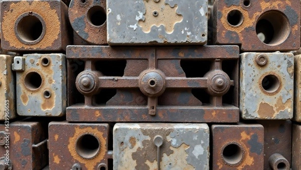 Fototapeta Abstract composition of weathered metal blocks with unique patterns