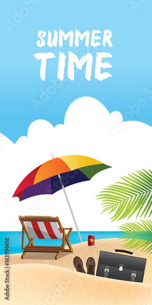 Fototapeta Summer holiday vacation concept, Sunbed and Calligraphy vector flat illustration