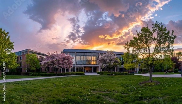 Fototapeta Panoramic view of a modern building at sunset