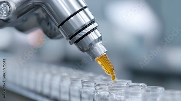 Fototapeta Close-up of a robotic arm precisely dispensing liquids in a high-throughput drug screening lab, automated research. Pharmaceutical, efficiency. Sterile, futuristic.