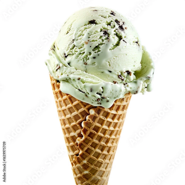 Obraz Mint chocolate chip ice cream cone isolated on transparent background
