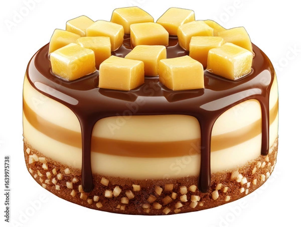 Fototapeta Round, decadent dessert cake.  Golden custard layers, topped with melted chocolate and caramel-colored, diced candy.  Nutty base