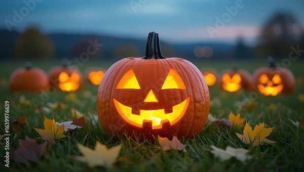 Obraz Glowing carved Halloween pumpkin in a field of autumn leaves at twilight jack o lantern