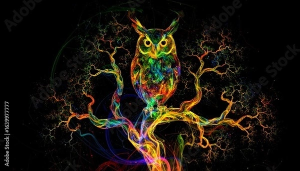 Fototapeta Owl perched on colorful abstract tree